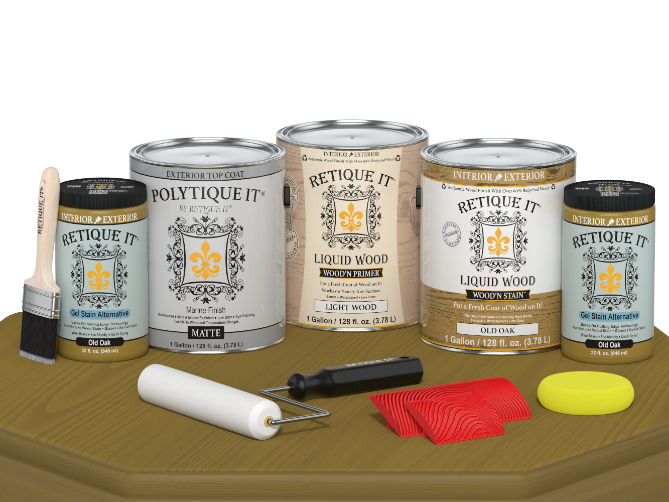 Retique It® Wood'n Finish Kit in Old Oak with four large exterior top coats, matte finish, suitable for wood surfaces.