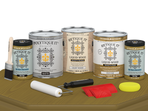 Retique It® Wood'n Finish Kit in Old Oak with four large exterior top coats, matte finish, suitable for wood surfaces.