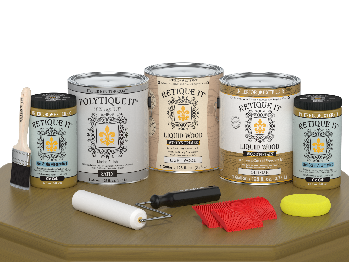 Retique It® Wood'n Finish Kit in Old Oak, 4-piece set, satin exterior top coat on a wooden surface.