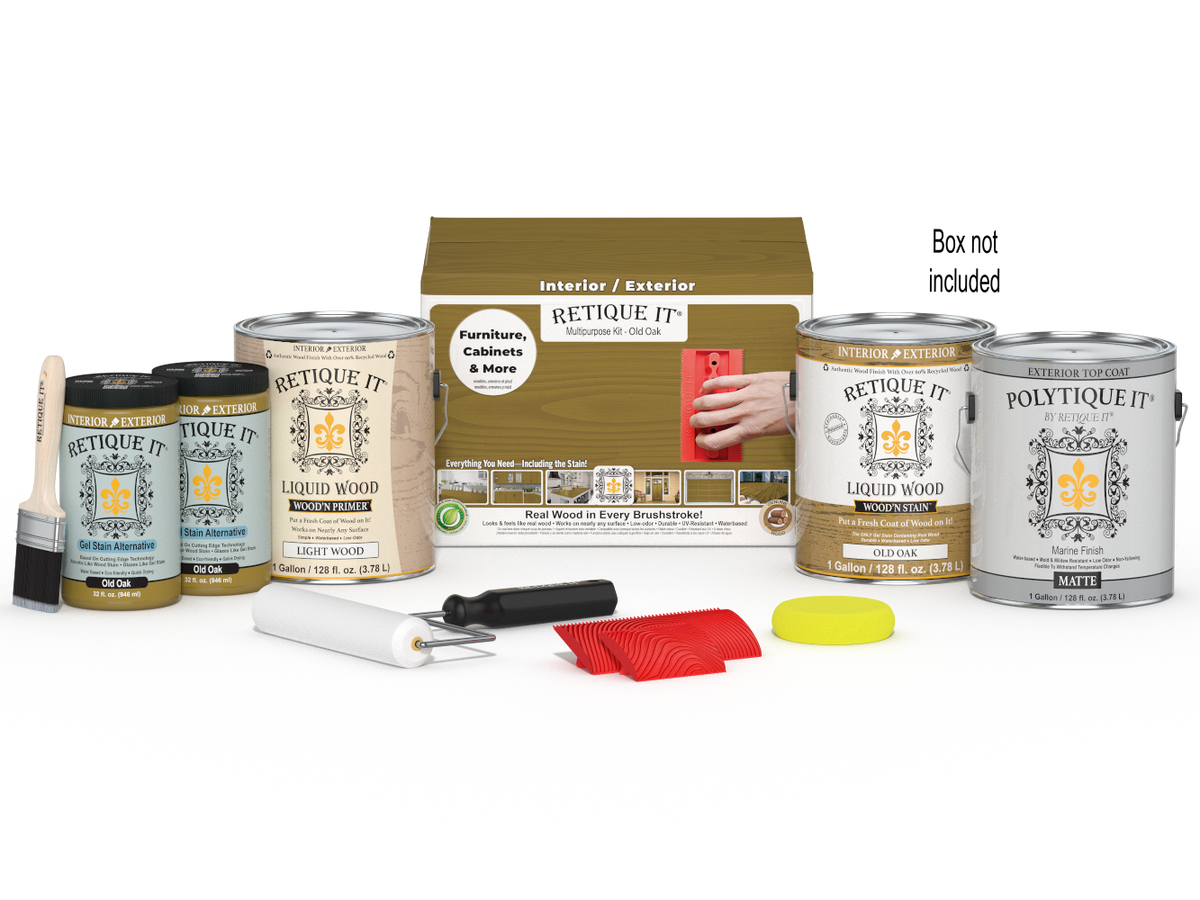 Retique It® Wood'n Finish Kit with four large Old Oak exterior top coats and applicator palette in a box.