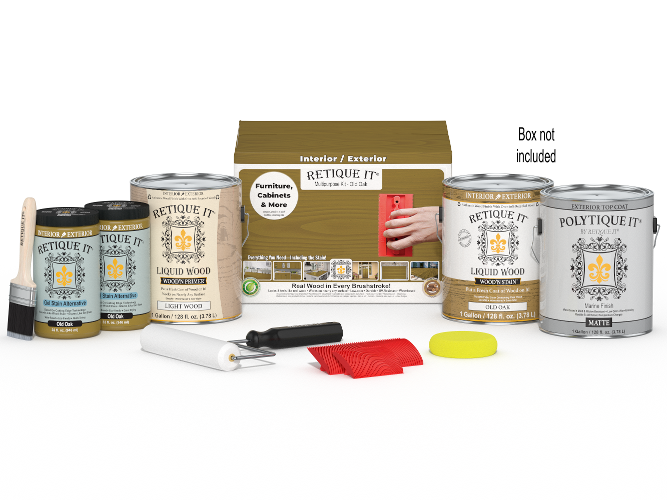 Retique It® Wood'n Finish Kit with four large Old Oak exterior top coats and applicator palette in a box.