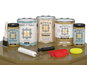 Retique It® Wood'n Finish Kit in Old Oak, glossy interior top coat, showing four large bottles of wood finish for furniture.