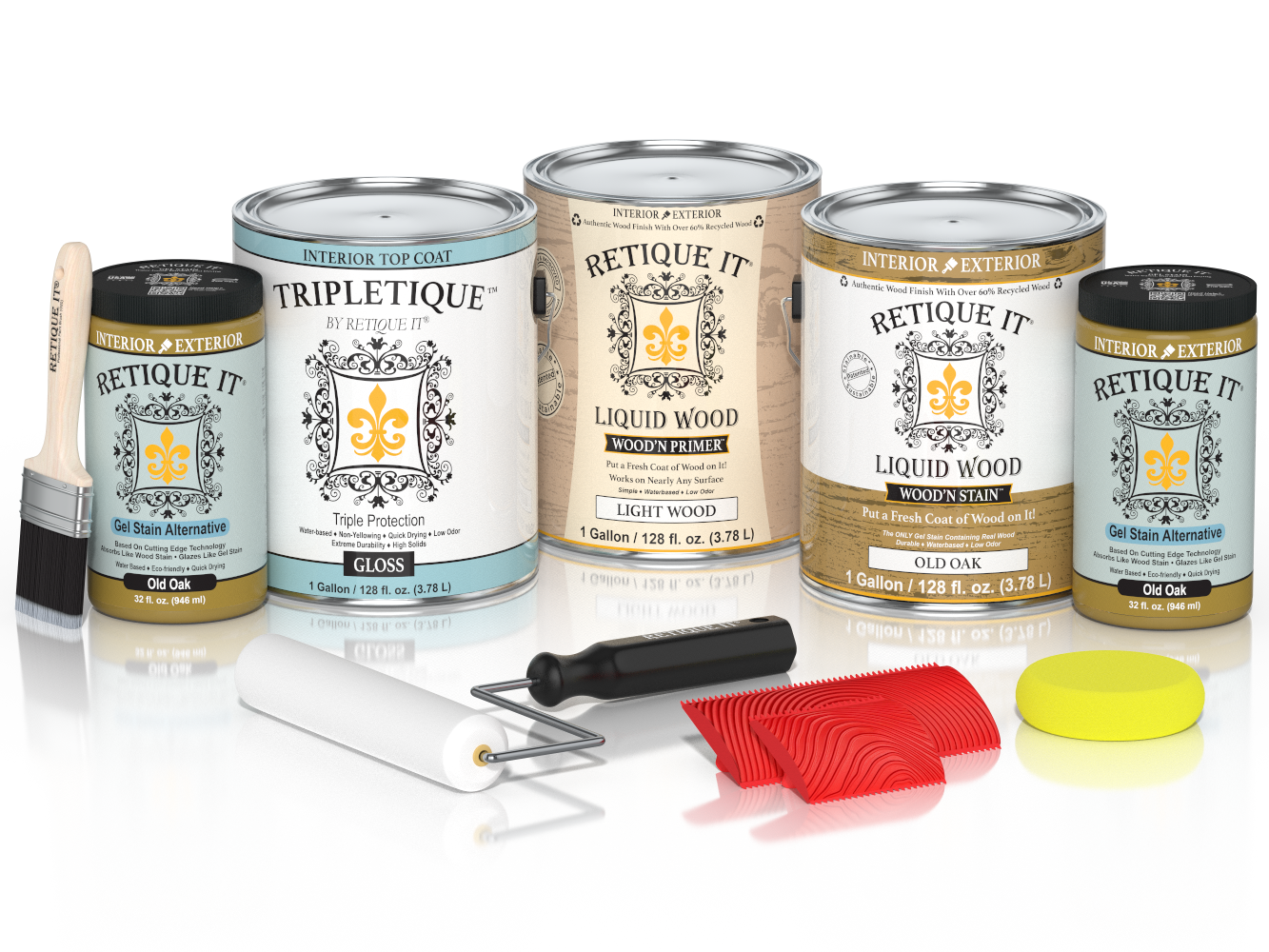 Glossy Old Oak Wood'n Finish Kit by Retique It® with four large containers, ideal for interior wood top coating projects.