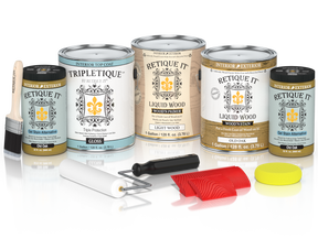 Glossy Old Oak Wood'n Finish Kit by Retique It® with four large containers, ideal for interior wood top coating projects.