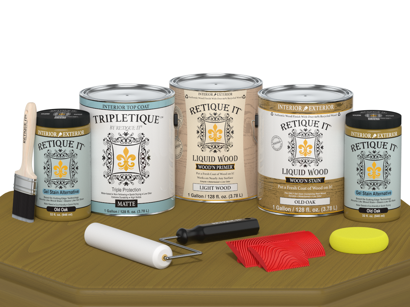 Retique It® Wood'n Finish Kit in Old Oak, matte top coat applied to wood surface, includes four large interior wood finish bottles