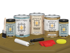 Retique It® Wood'n Finish Kit in Old Oak, matte top coat applied to wood surface, includes four large interior wood finish bottles
