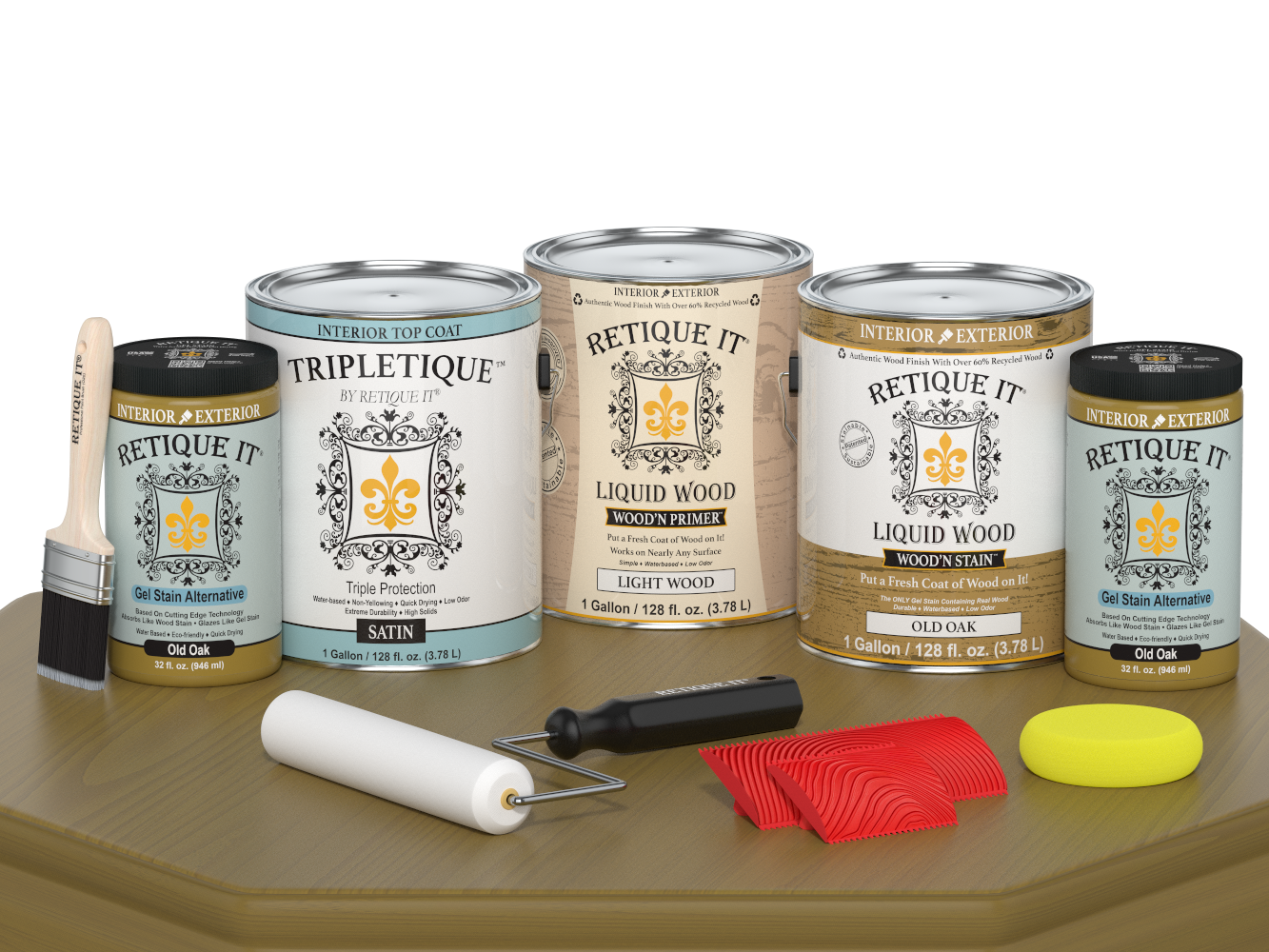 Retique It® Wood'n Finish Kit in Old Oak with satin top coat, showing four large wood finish bottles for interior use.