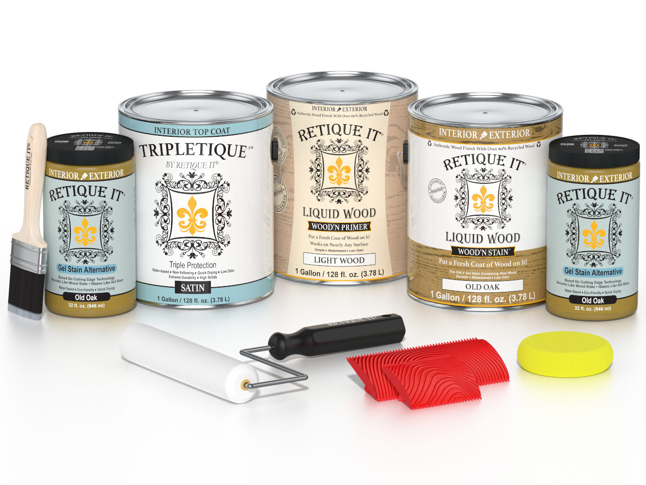 Retique It® Wood'n Kit in Old Oak for interior top coat, includes four large bottles of wood finish with satin sheen.