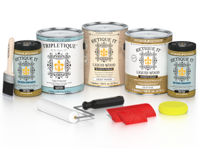 Retique It® Wood'n Kit in Old Oak for interior top coat, includes four large bottles of wood finish with satin sheen.