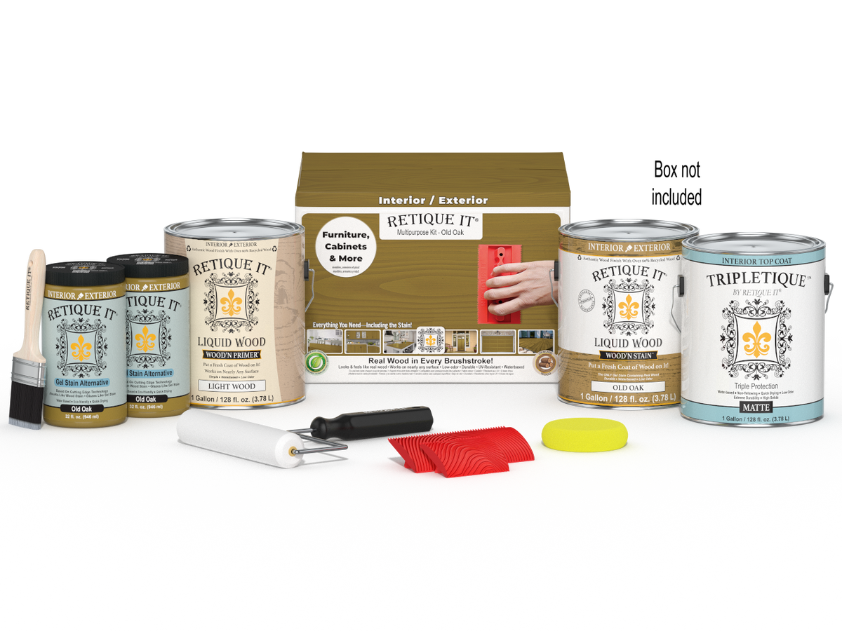 Retique It® Wood'n Finish Kit for interior wood projects, includes four large Old Oak wood top coat bottles and application tools.