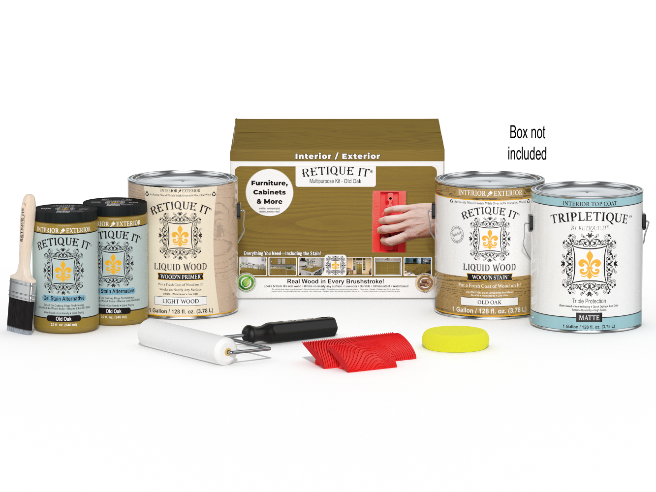 Retique It® Wood'n Finish Kit for interior wood projects, includes four large Old Oak wood top coat bottles and application tools.