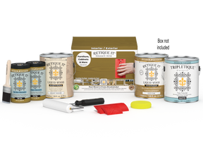 Retique It® Wood'n Finish Kit for interior wood projects, includes four large Old Oak wood top coat bottles and application tools.