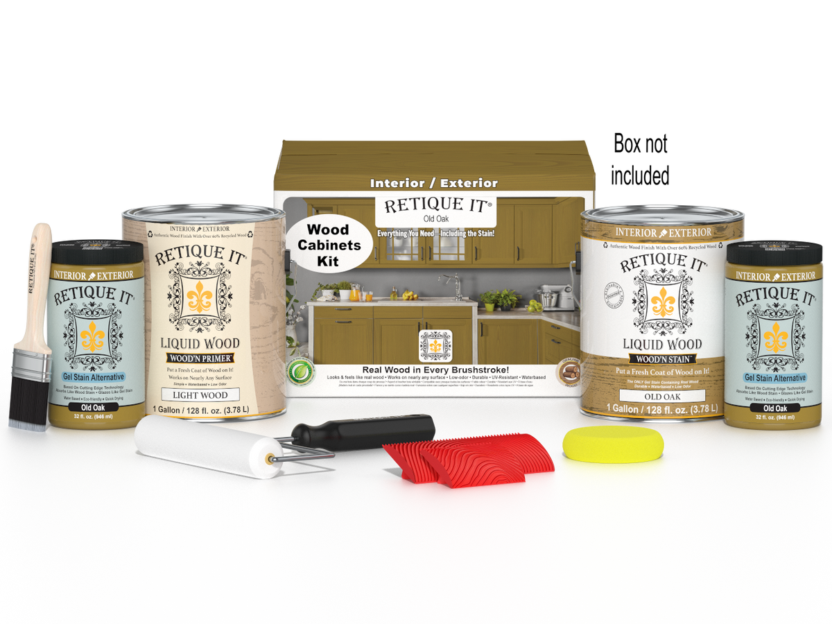 Wood'n Cabinet Kit in Old Oak stain from Retique It® featuring 48 grained cabinet doors and matching box components.