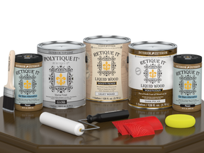 Retique It® Wood'n Finish Kit in Dark Pecan, exterior top coat for wood, shown on a double front door with a grained finish.