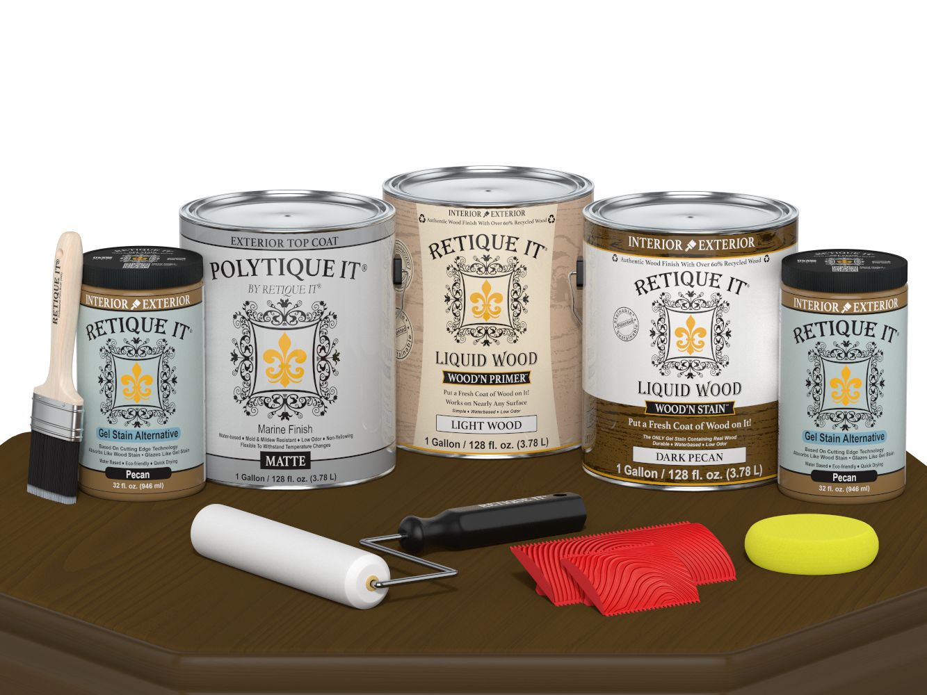 Retique It® Wood'n Finish Kit in Dark Pecan with four large containers and applicator tools for exterior wood finishing.