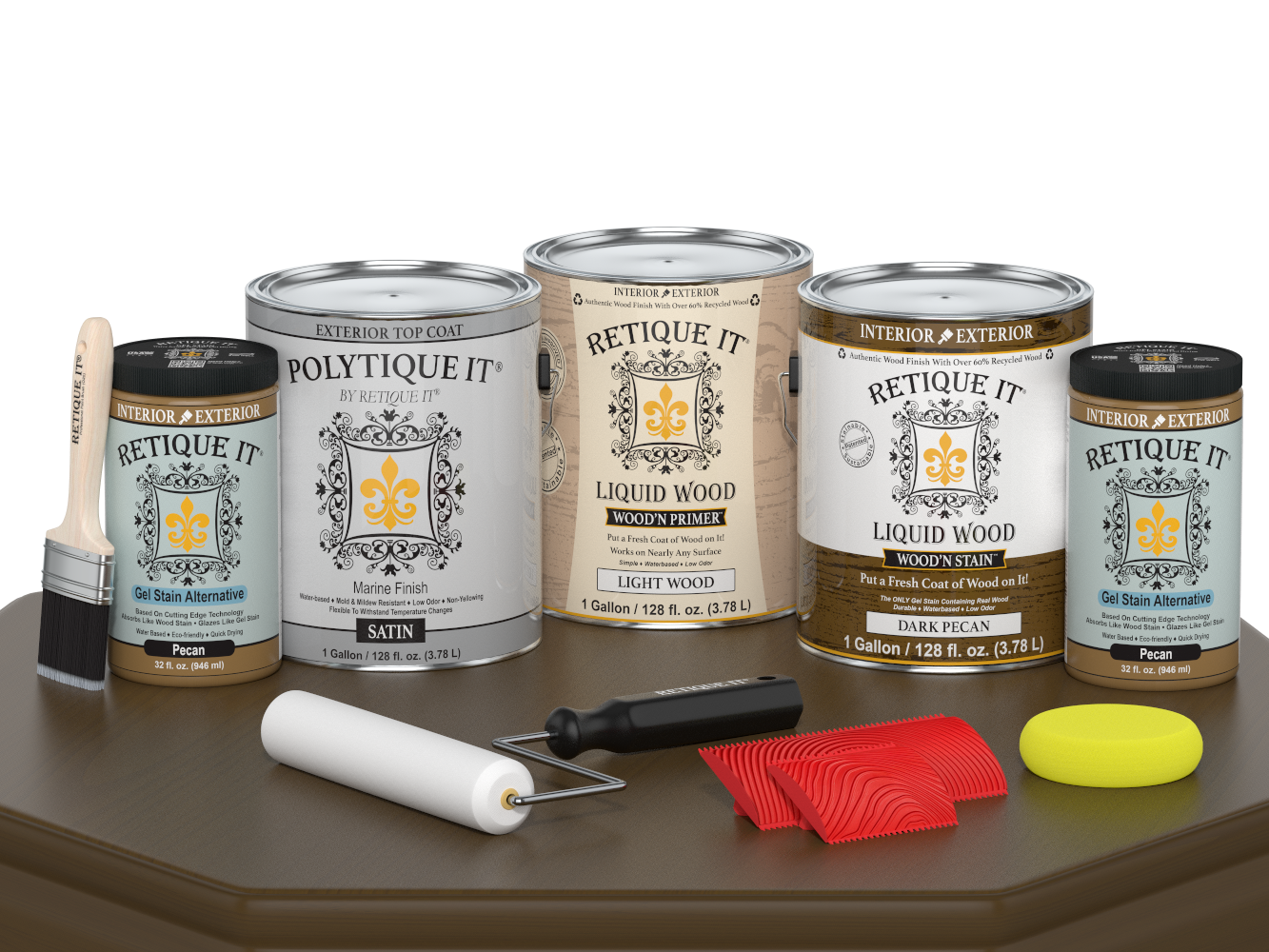 Retique It® Wood'n Kit exterior finish for decking, large dark pecan wood grain top coat application on wooden surface