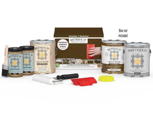 Retique It Wood'n Finish Kit in Dark Pecan with four large containers, designed for exterior wood top coating projects.