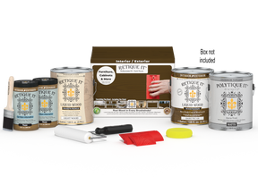 Retique It® Wood'n Finish Kit in Dark Pecan with four large containers and applicator tools for exterior wood finishing.