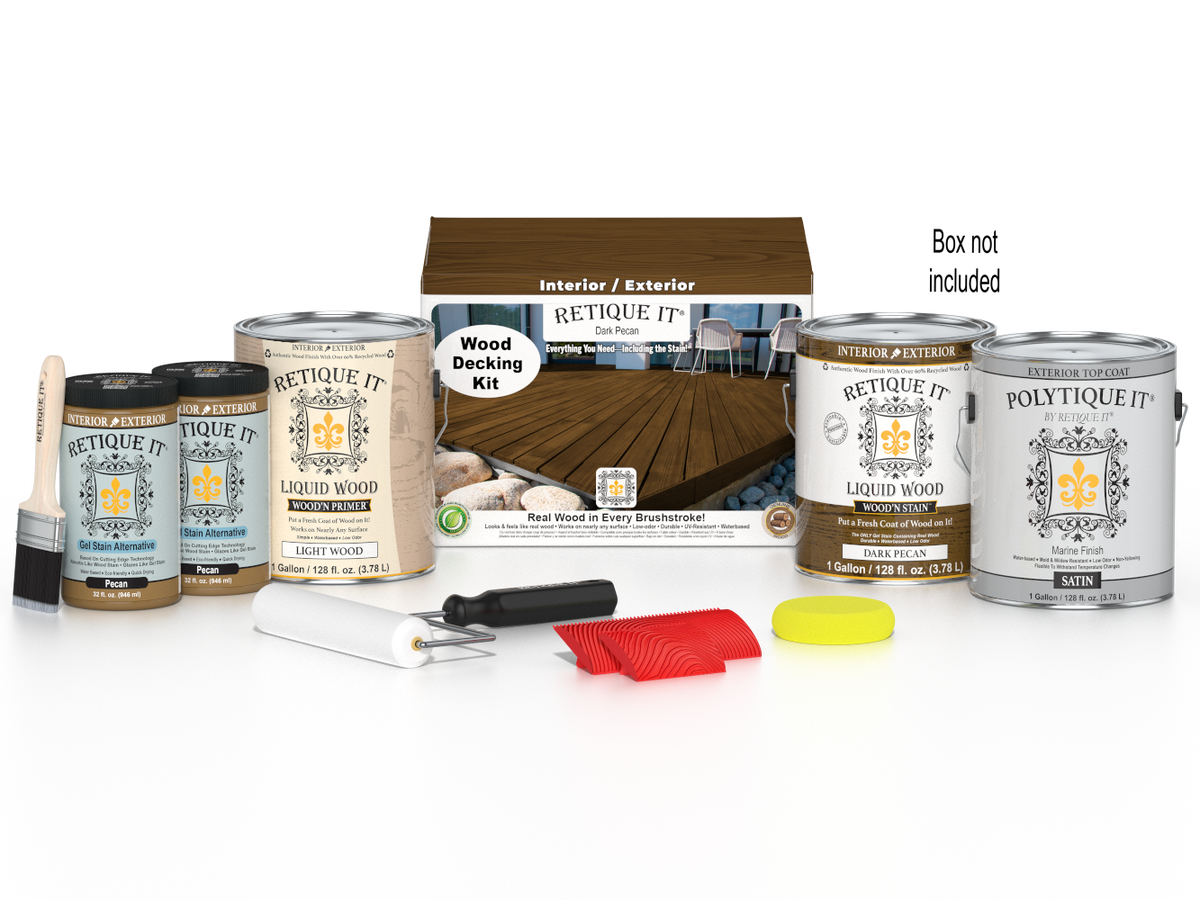 Retique It Dark Pecan Decking Wood'n Kit with stain and application tools for wood decking projects.