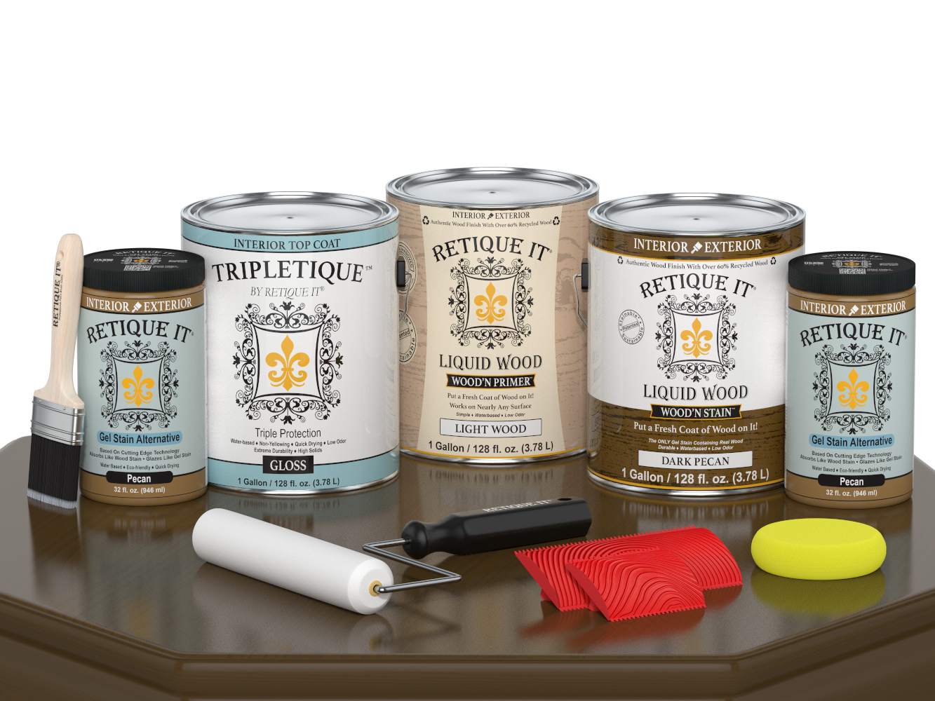 Retique It® Wood'n Kit in Dark Pecan with gloss finish, includes four large wood finish bottles for interior top coating.