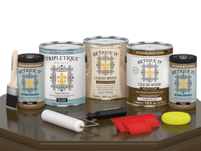 Retique It® Wood'n Kit in Dark Pecan with gloss finish, includes four large wood finish bottles for interior top coating.