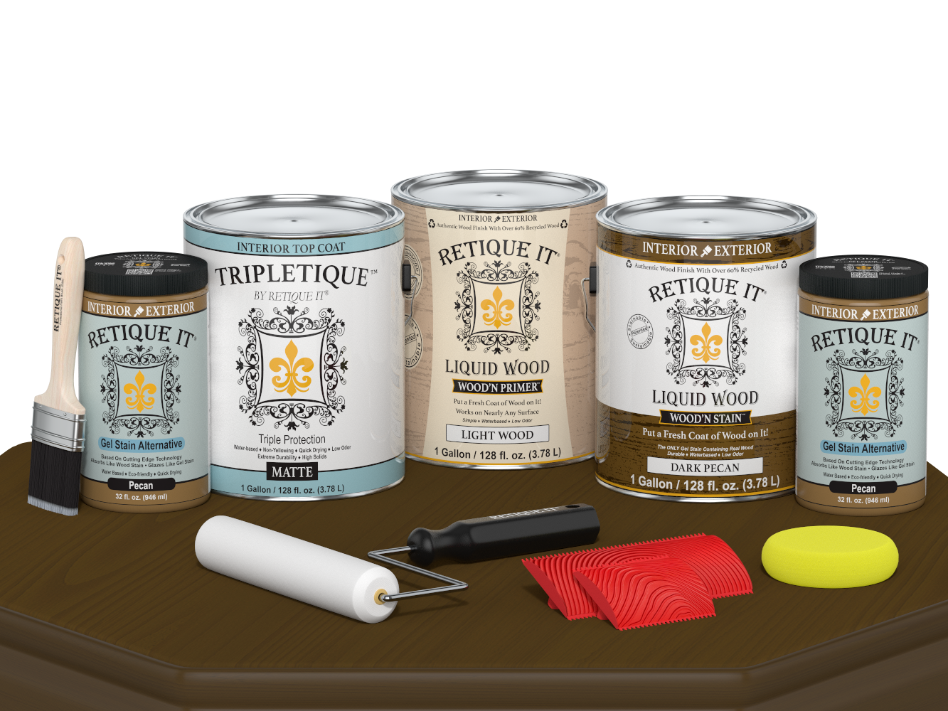Retique It® Wood'n Finish Kit in Dark Pecan with top coat, showing four large containers and application tools for wood finishing.