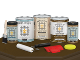 Retique It® Wood'n Finish Kit in Dark Pecan with top coat, showing four large containers and application tools for wood finishing.