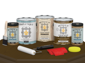 Retique It® Wood'n Finish Kit in Dark Pecan with top coat, showing four large containers and application tools for wood finishing.