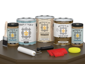 Retique It® Wood'n Finish Kit in Dark Pecan with satin top coat, featuring four large wood finish bottles on a table.