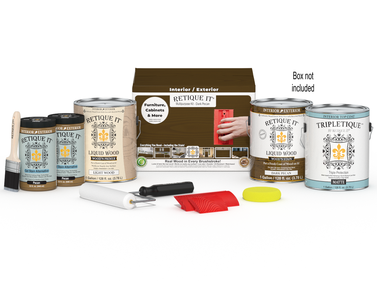 Retique It® Wood'n Finish Kit in Dark Pecan, large size, with applicator and top coat for multi-purpose interior wood finishing.