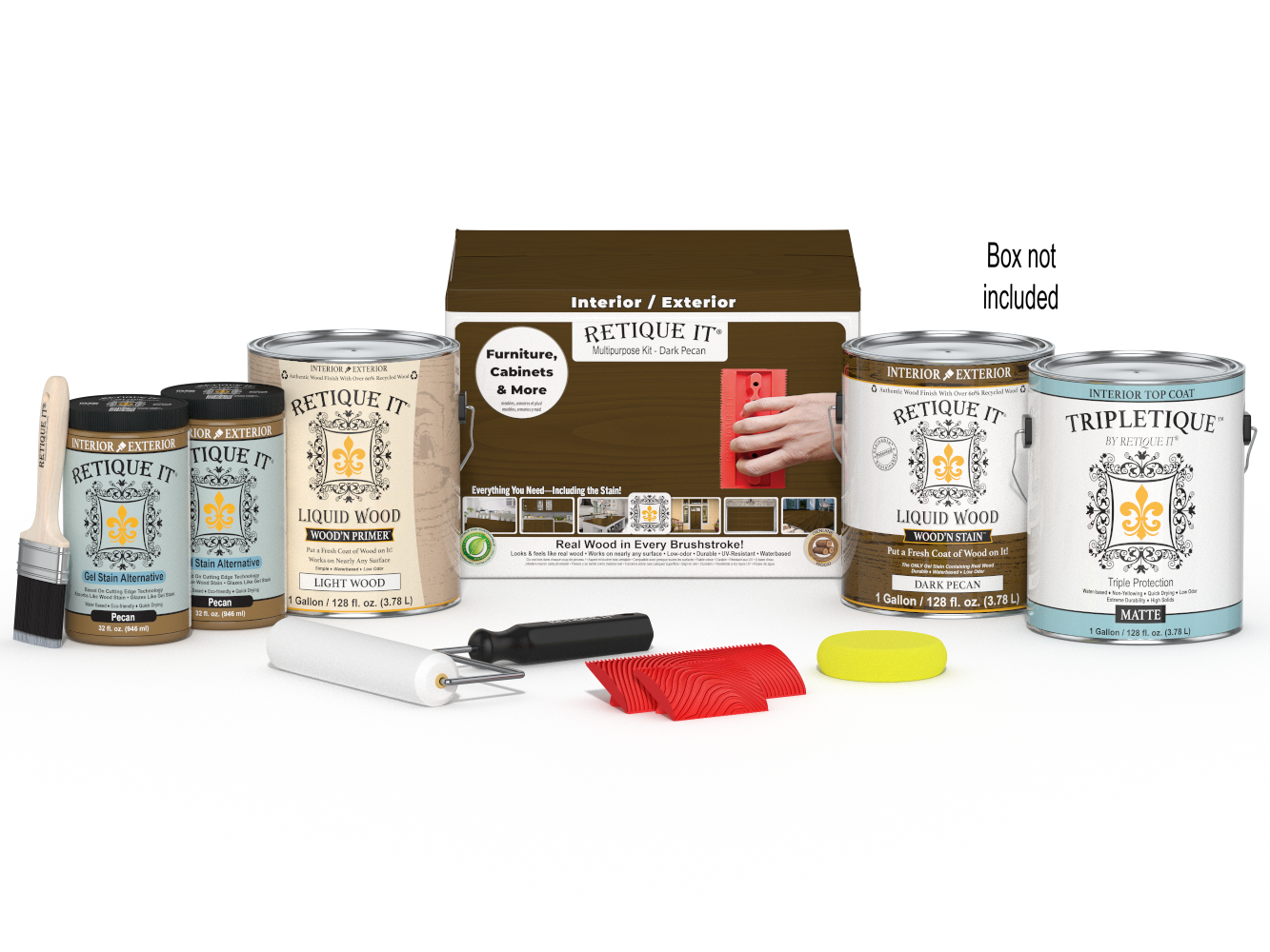 Retique It® Wood'n Finish Kit in Dark Pecan, large size, with applicator and top coat for multi-purpose interior wood finishing.