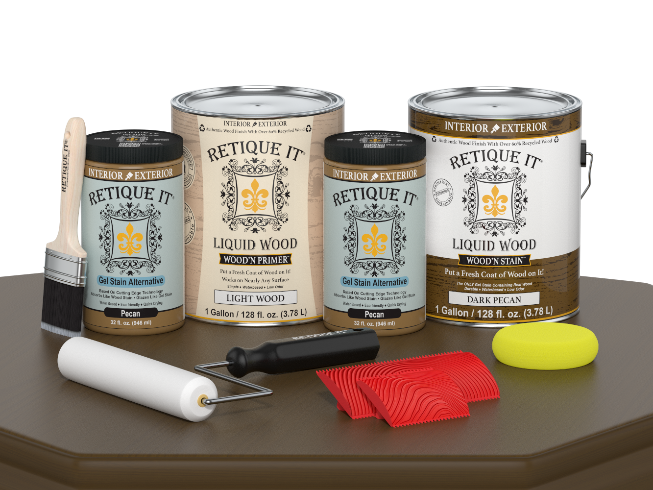 Retique It® Wood'n Finish Kit in Dark Pecan with four large containers, ideal for multi-purpose wood finishing projects.