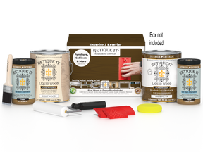 Retique It® Wood'n Finish Kit in Dark Pecan with four large wood stain applicators and a box included.