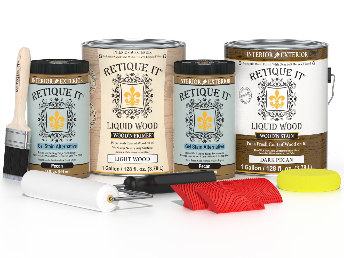 Retique It® Wood'n Finish Kit in Dark Pecan with four large bottles, designed for multi-purpose wood finishing projects.