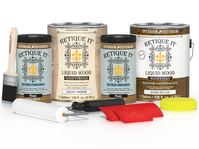 Retique It® Wood'n Finish Kit in Dark Pecan with four large bottles, designed for multi-purpose wood finishing projects.