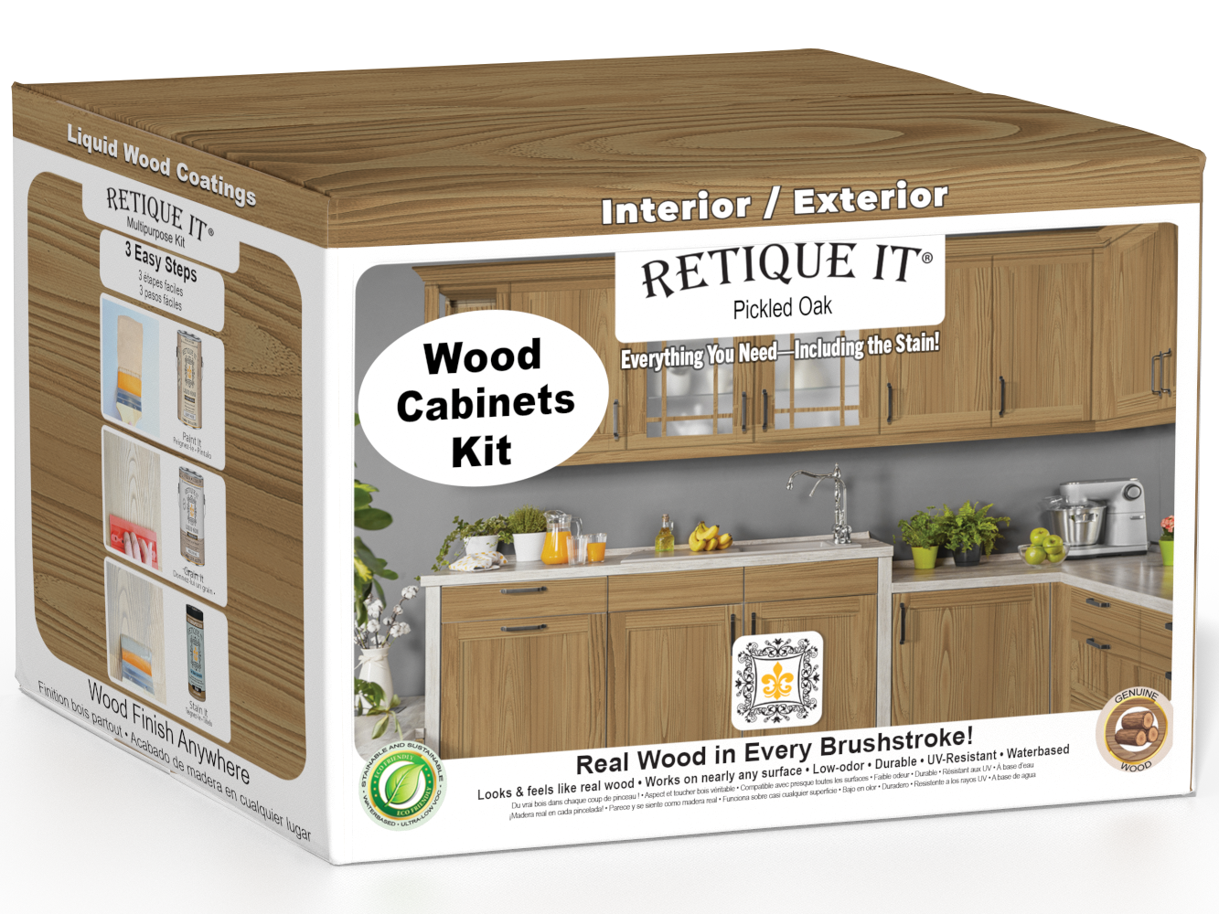 Retique It® Wood'n Cabinet Kit with 48 pickled oak grained stained cabinet doors, showcasing natural wood texture and finish.