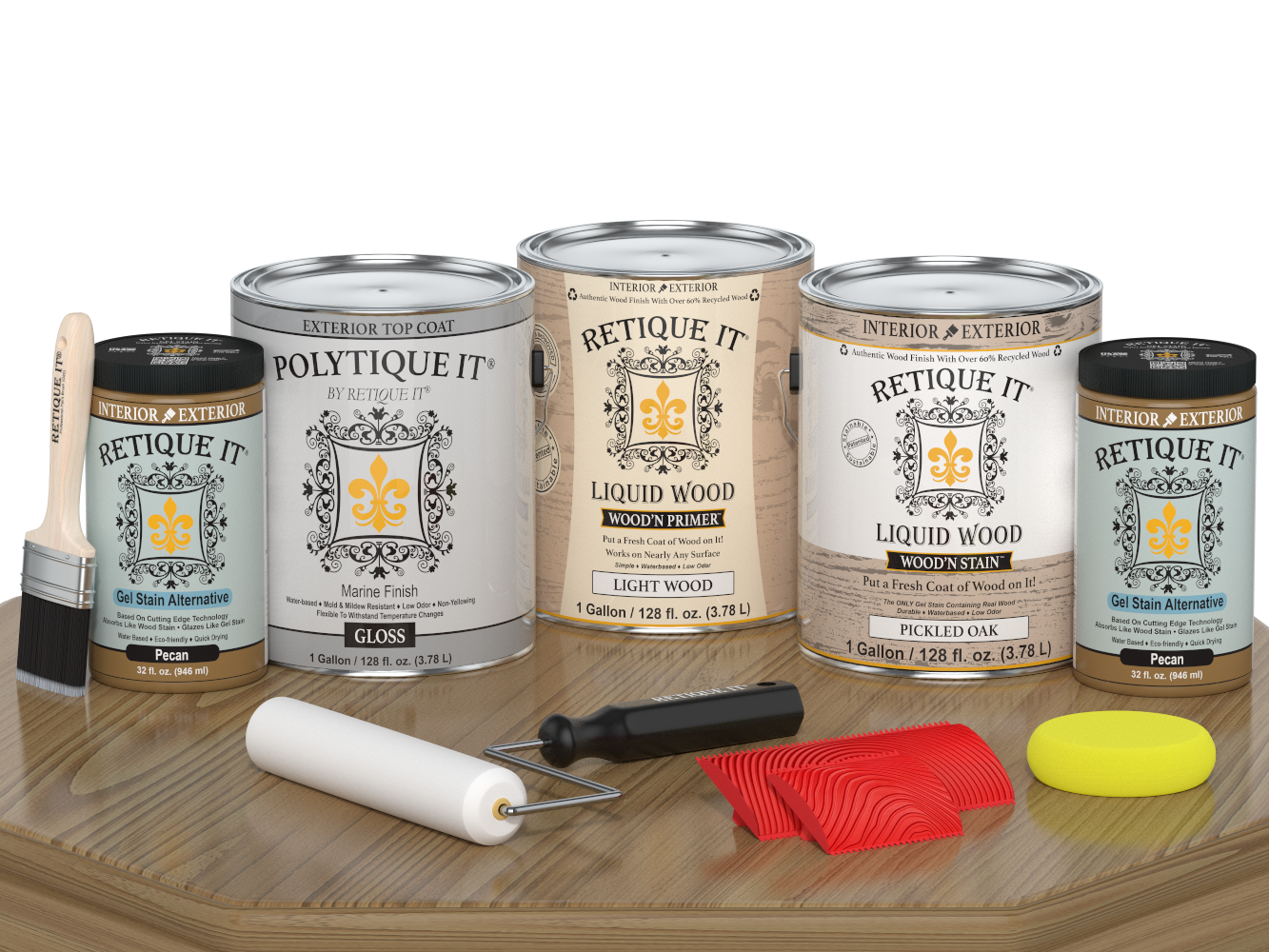 Retique It® Wood'n Finish Kit in Pickled Oak with matte top coat, includes four large containers for exterior wood finishing projects.