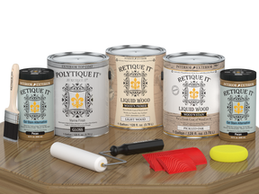Retique It® Wood'n Finish Kit in Pickled Oak with matte top coat, includes four large containers for exterior wood finishing projects.
