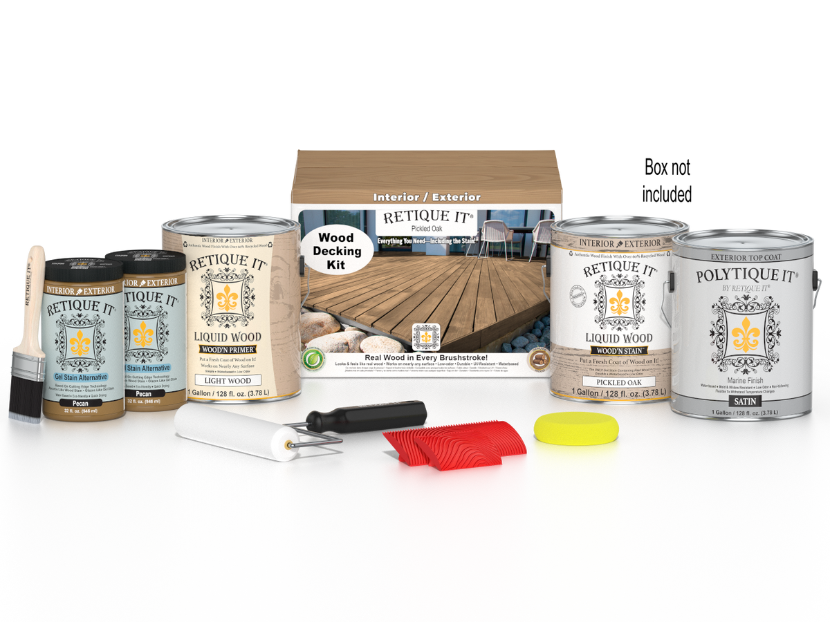 Retique It Decking Wood'n Kit in Pickled Oak stain showing a box of decking stain with wood samples and application tools.