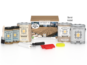 Retique It® Decking Wood'n Kit in Pickled Oak stain showing a box of decking stain with wood samples and application tools.