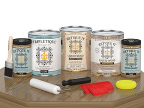 Glossy wood finish kit by Retique It® with pickled oak color, includes four large interior top coat bottles for versatile wood projects.