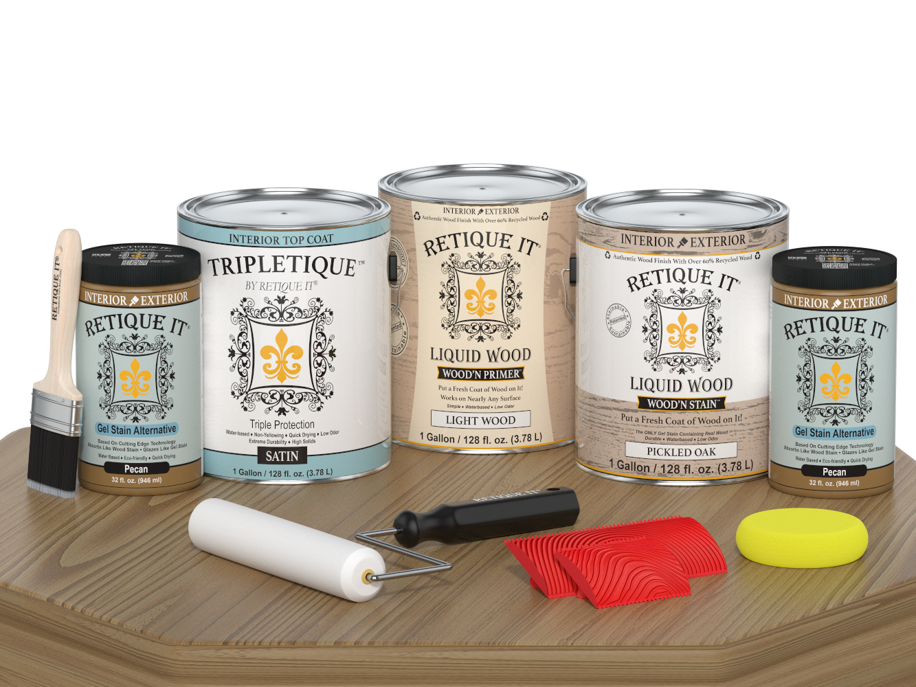 Retique It® Wood'n Finish Kit in Pickled Oak, interior top coat for wood, shown on a table with satin finish.