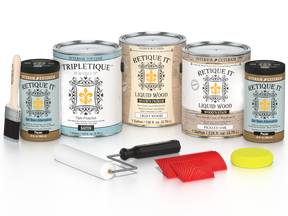 Retique It® Wood'n Kit with four large pickled oak finish top coats for interior wood projects, satin sheen, versatile wood finish set.