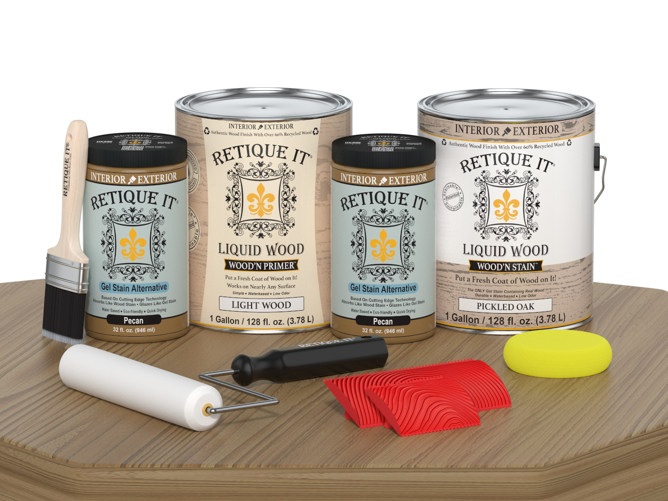 Retique It® Wood'n Kit in Pickled Oak for multi-purpose wood finishing, shown on a table with application tools and wood surface.