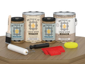Retique It® Wood'n Kit in Pickled Oak for multi-purpose wood finishing, shown on a table with application tools and wood surface.
