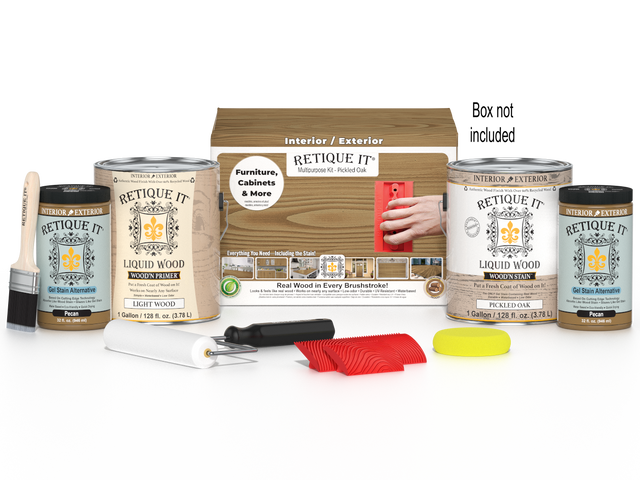 Retique It Wood'n Finish Kit in Pickled Oak with four large containers and applicator brushes for wood finishing projects.