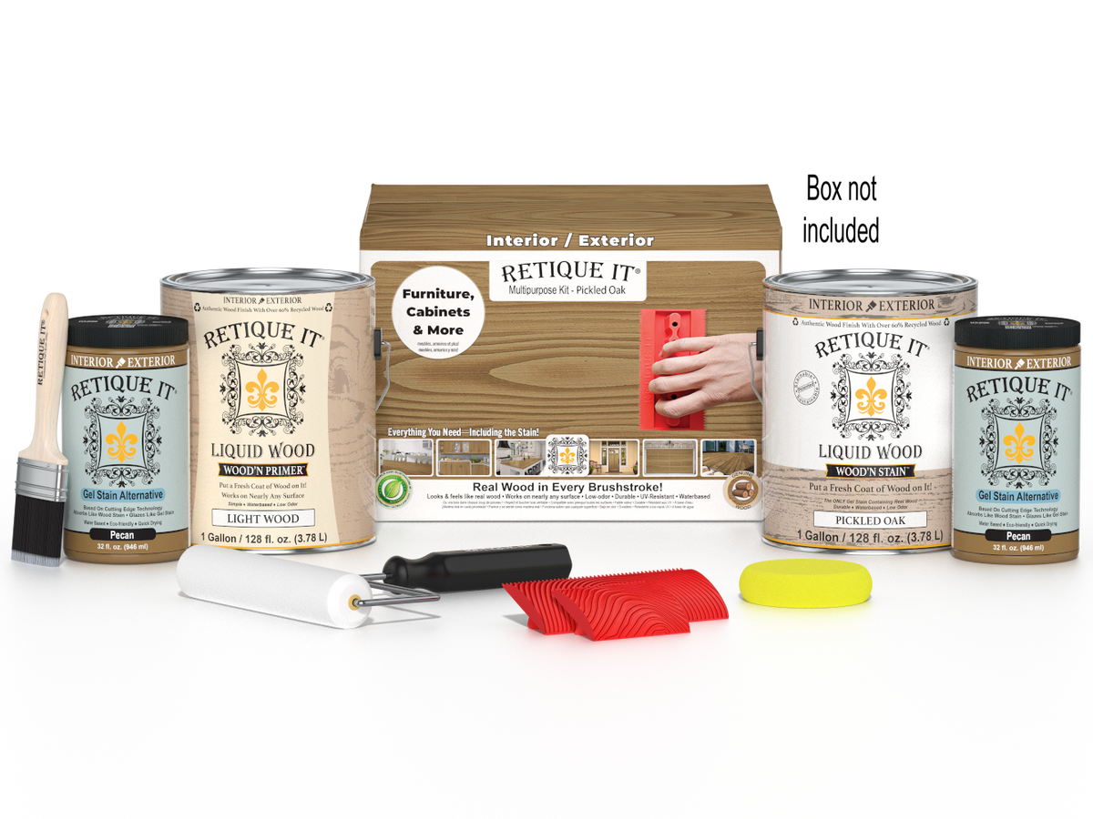 Retique It® Wood'n Finish Kit in Pickled Oak with four large bottles, designed for multi-purpose wood finishing projects.