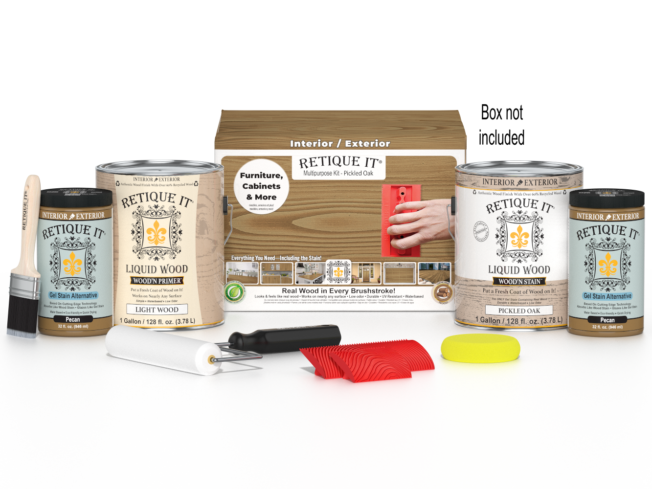 Retique It® Wood'n Kit in Pickled Oak with four large containers and application tools for multi-purpose wood finishing.