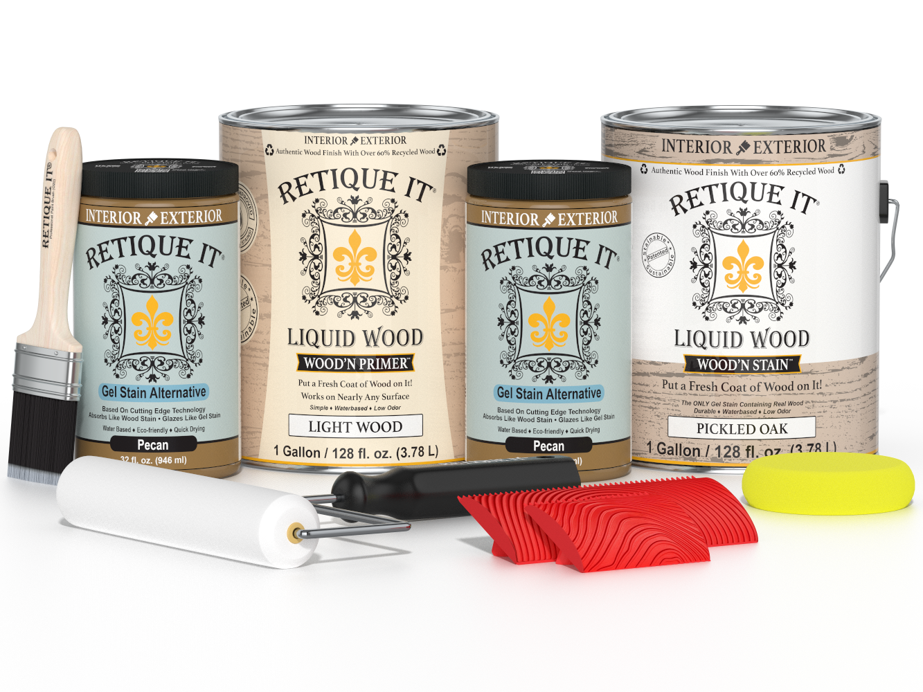 Retique It® Wood'n Kit Multi-purpose finish set with four pickled oak wood stain and finish bottles.