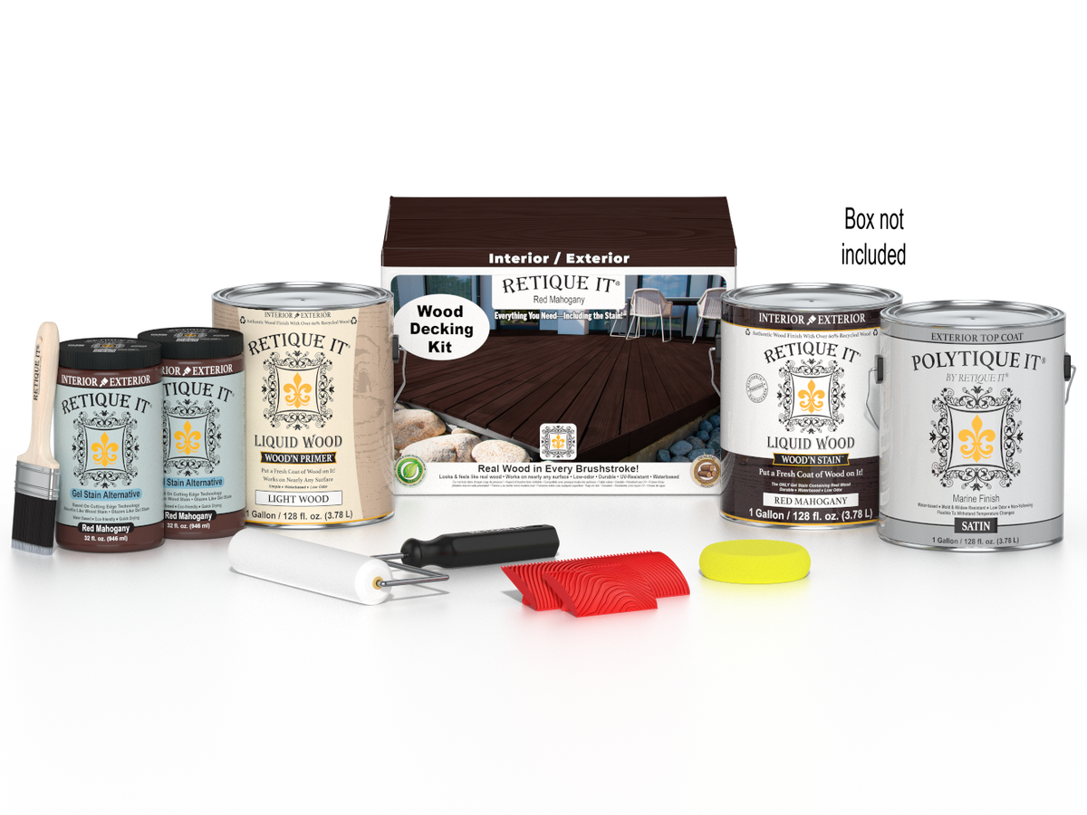 Retique It Red Mahogany decking wood stain kit with brushes and applicators, featuring a vibrant red mahogany finish for outdoor decking.